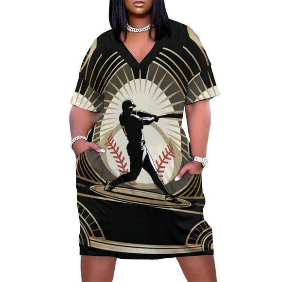 Woman's Black Baseball sports jersey Shirt Dress with pockets Size Medium 3X - Picture 4 of 4